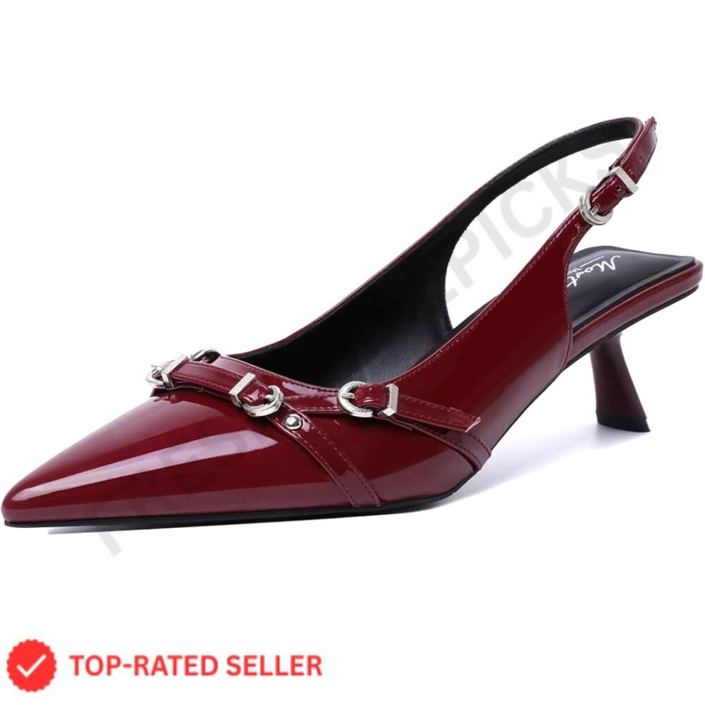 Pointed Toe Kitten Heel Pumps Slingback Buckle Patent Leather Dress Shoes